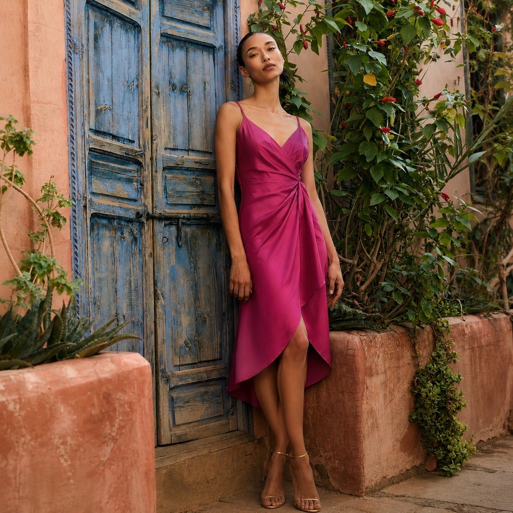 Mainstrip Satin Slip Dress M Magenta Pink Wrap Knot Front Cocktail Party Wedding